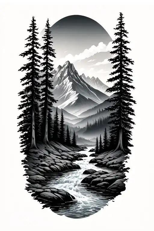 Mountain Forest Landscape With A Flowing River