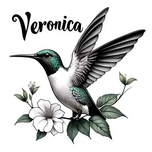 Black And White Tattoo Of A Hummingbird Incorporated Into The Word Veronica