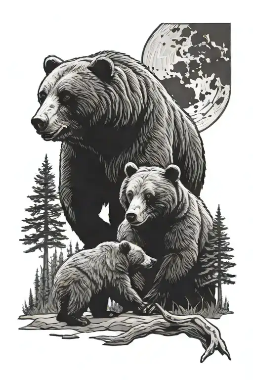 One Adult Bear And Her Two Cubs Play Fighting In The Forrest Underneath The Moon