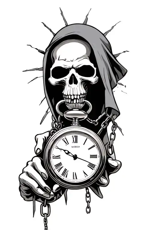 Grim Reaper Holding Broken Chain Connected To Pocket Watch With Broken Watch Face