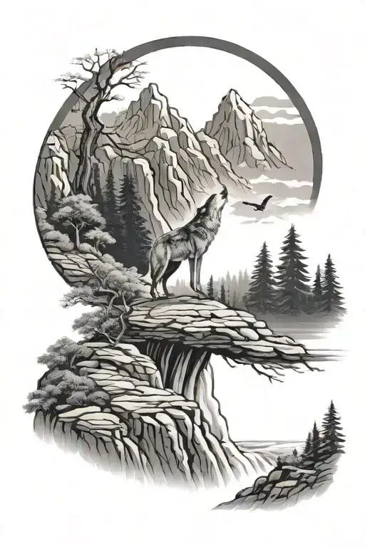 Waterfall Cascading Cliff Howling Wolf Moon Background