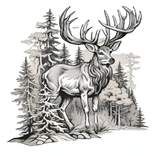 Forest Nature Seen With Creak Mountain Range Buck Standing In Woods
