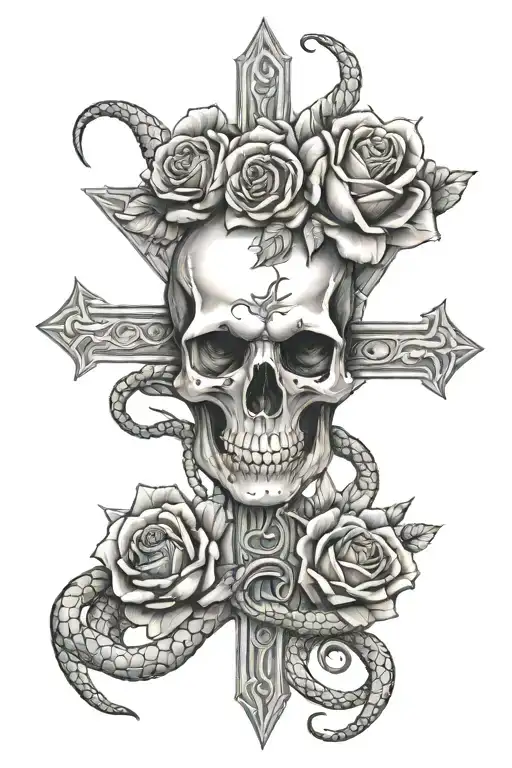 Skull And Roses And Snakes Intertwined A Cross Wrapped