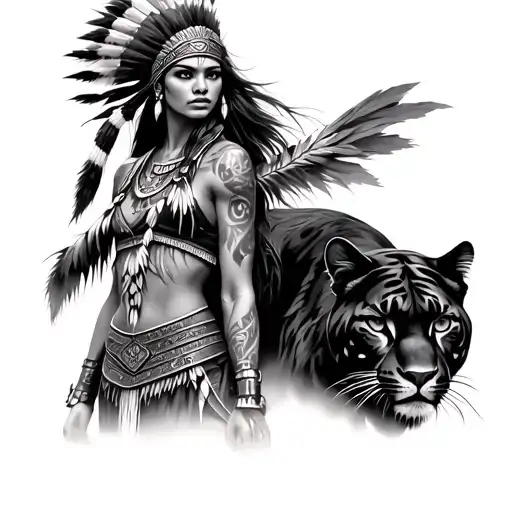 A Tribal Native Warrior Women With A Panther On Her Side