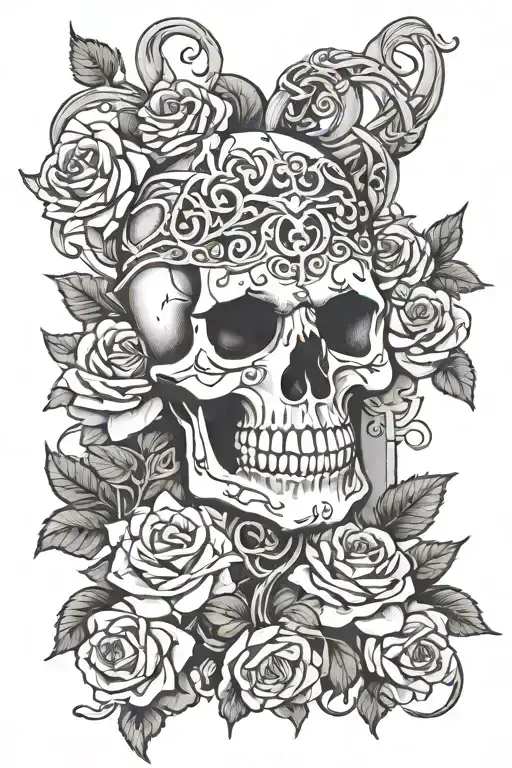 Skull And Cross Wrapped By Snakes And Thorned Roses