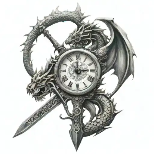 Sword With A Dragon And A Clock Embedded