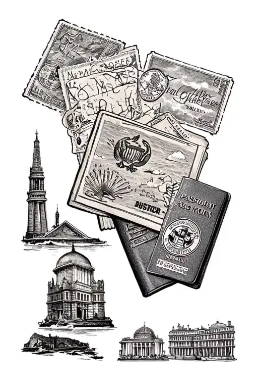 Travel Tattoo With Passport Stamps And Iconic Locations