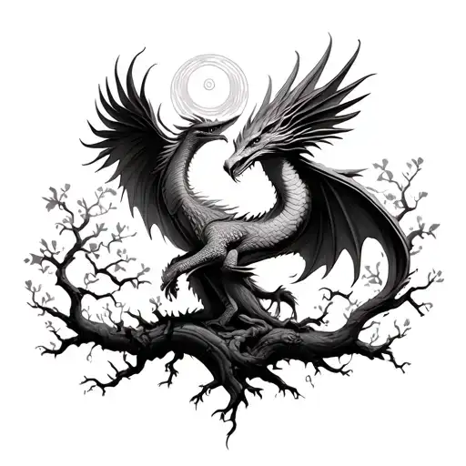 Phoenix And Dragon Inside A Tree