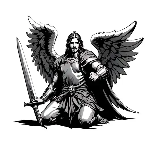 Kneeling Crusader Holding Sword Angel Wings