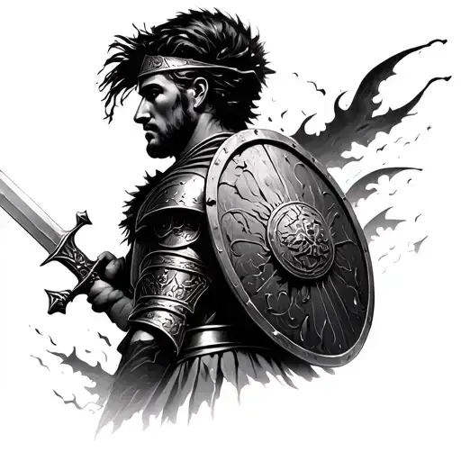 Roman Soldier In Profile Facing To The Right With Sword And Shield Fighting Dark Spirits