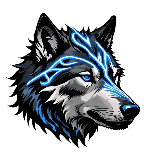 Wolf And Runes Engraved Blue Line Tattoo With Odin