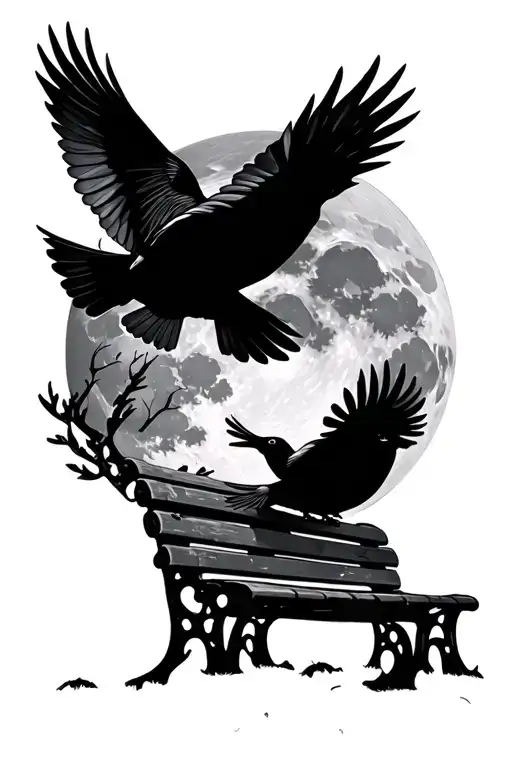 Park Bench Moon Birds Flying