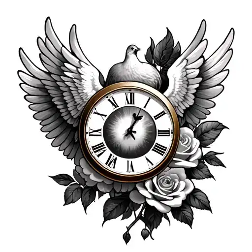 Clock Roses Dove Angle Wings