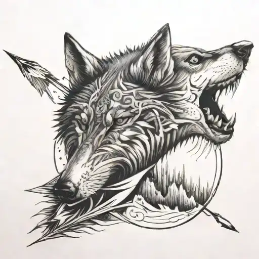 Half Wolf Face And Another Side Fish And In Center Arrow