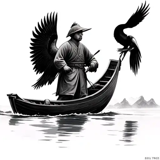 Chinese Fisherman In Traditional Boat With Cormorant