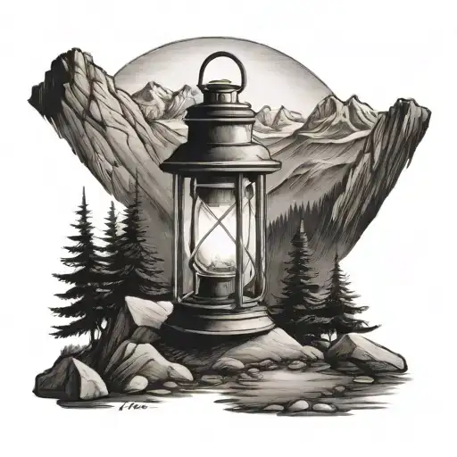 A Black-grey Tattoo Of A Vintage Camping Lantern Shining Light On A Mountain Trail