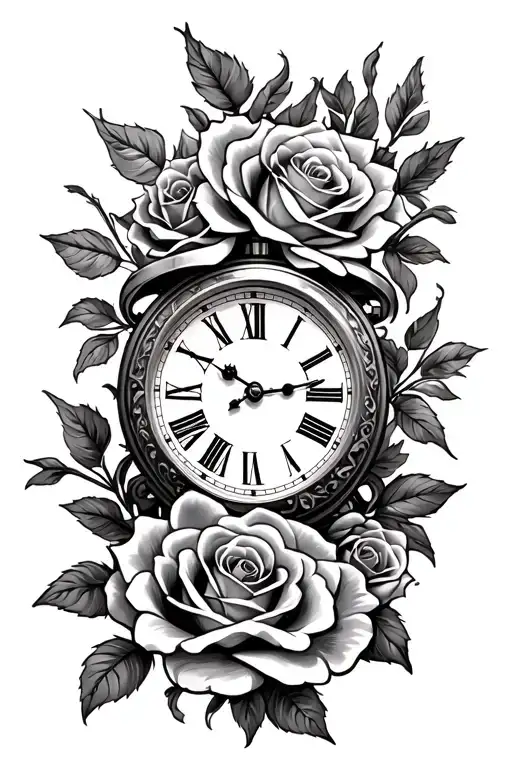 Clock With Roses Intertwined Quarter Sleeve On Forearm