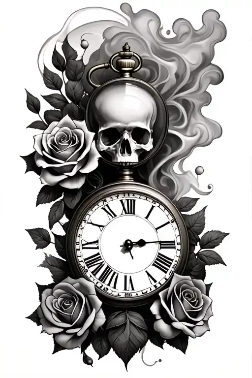 Life And Death With Hour Glass And Pocket Watch With Roses And Smoke