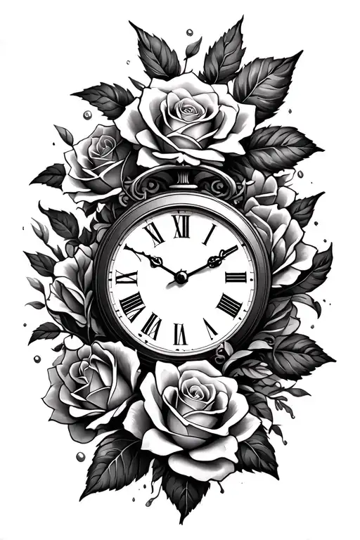 Clock With Roses Intertwined Quarter Sleeve On Forearm