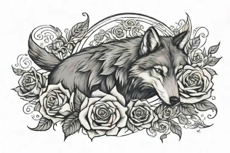 A Tattoo That Has A Wolf Head Of The Left Back Shoulder And A Half Moon And Roses On The Right Back