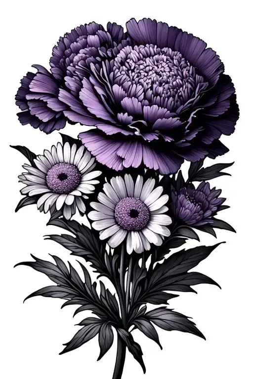 One Carnation Flower Violet Flower And Aster Bouquet
