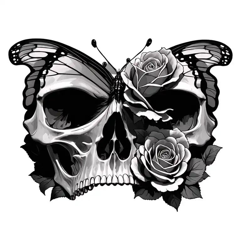 Butterfly And Rose Inside Skull