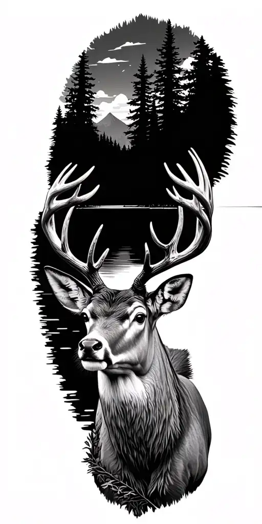 Whitetail Buck In Forest With Lake In The Background