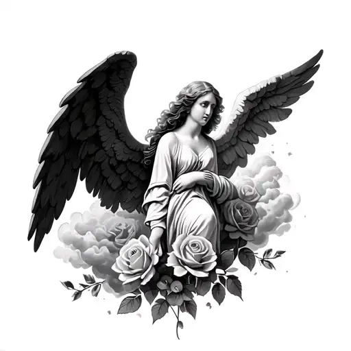 Angel In Clouds With Roses Blooming
