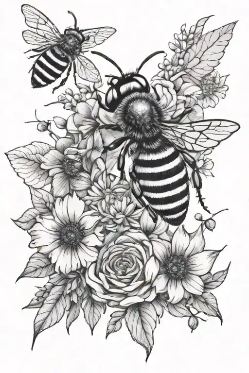 Flowers Surrounded By Bee Flying