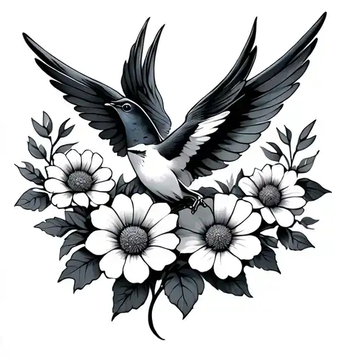 A Fine Line Swallow Wings Spread Flying In Between 2 Clusters Of Flowers