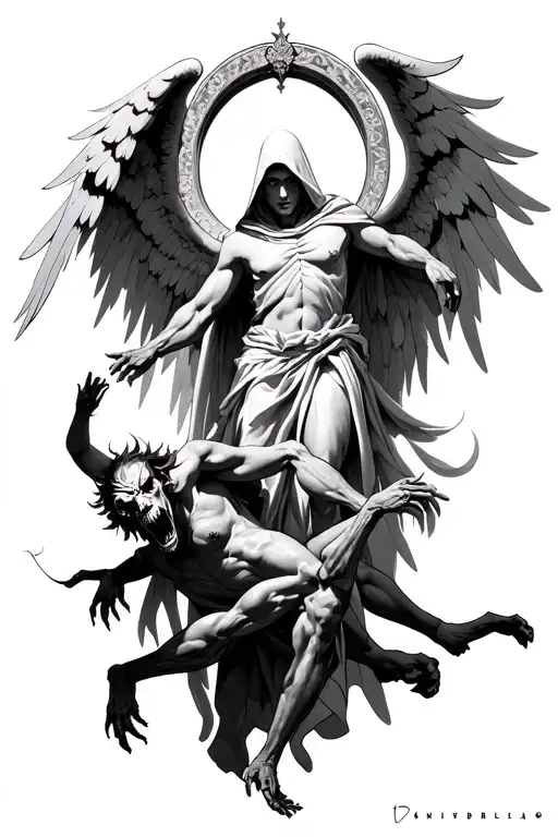 Hooded Arch Angel Defeating A Demon
