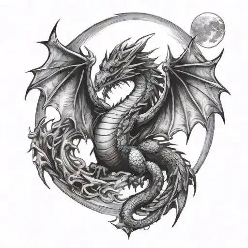 A Simple Dragon Whole Body Front View And A Moon Between Its Wings