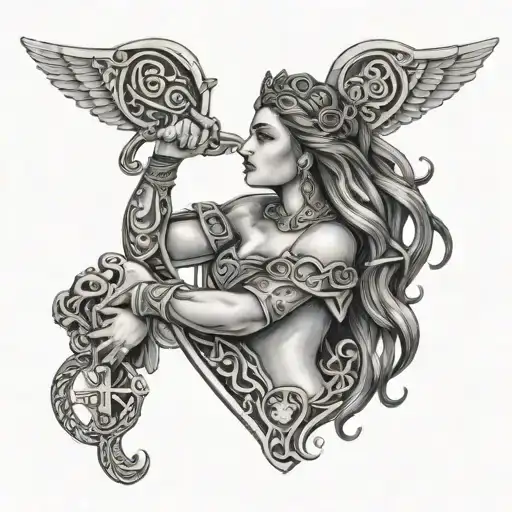 Celtic Warrior Woman Holding Claddagh Ring And A Key