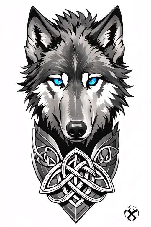 Wolf With Blue Eyes On Armor Tattoo Design Featuring Celtic Trinity Knot