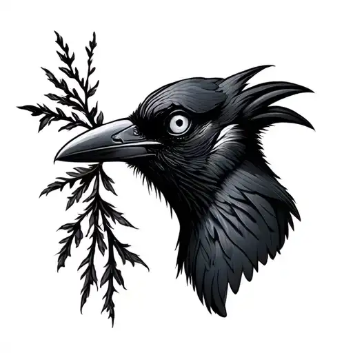 Minimalist Illustrated Crow With A Human Eye In Its Beak