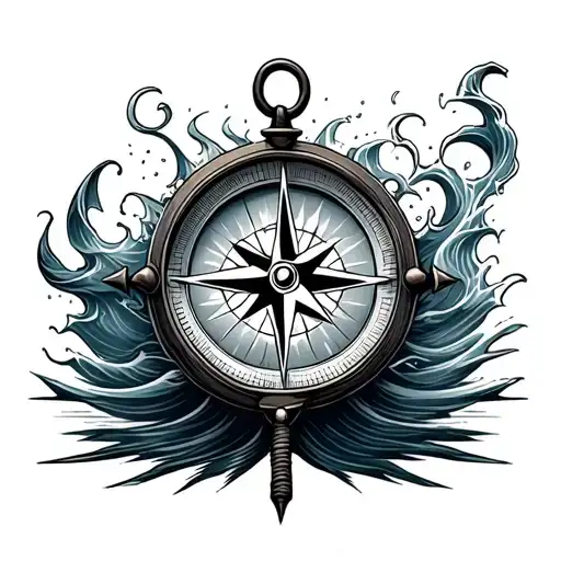 Nautical Compass With Anchor Inside Of Wave Crashing