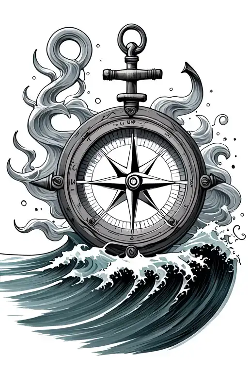 Nautical Compass With Anchor Inside Of Wave Crashing