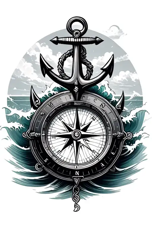 Nautical Compass With Anchor Inside Of Wave Crashing