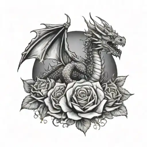 A Dragon Breathing Fire Onto A Field Of Red Roses