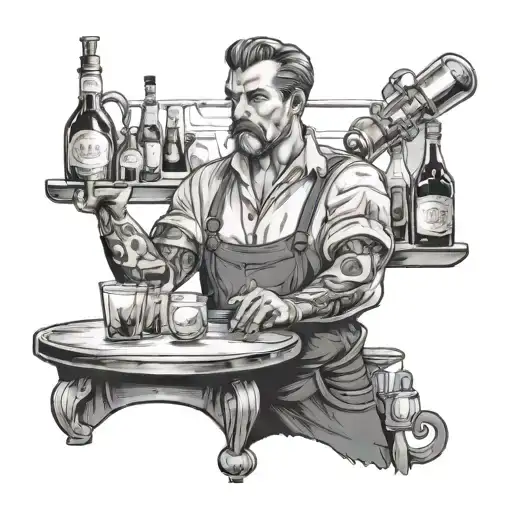 A Black And Grey Tattoo Of A Bartender Serving Drinks In A Fantasy Setting