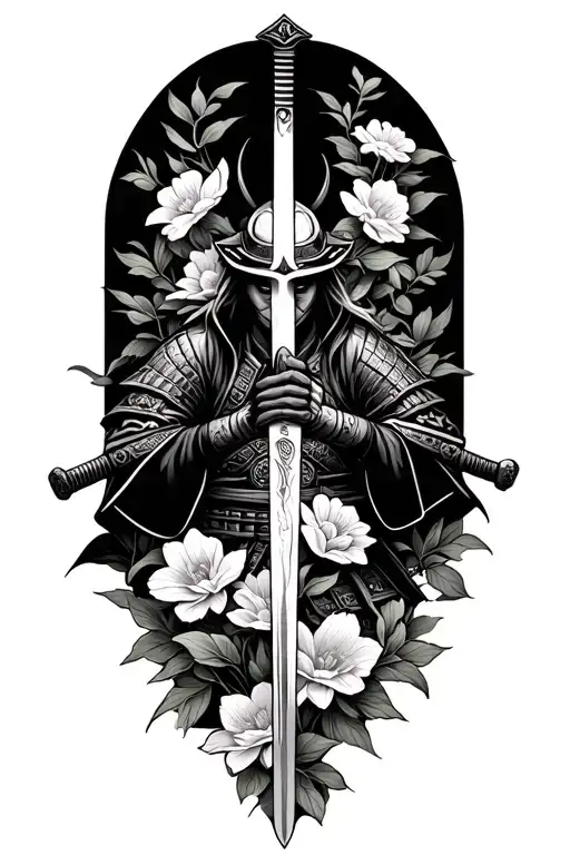 Samurai Warrior W Sword Surrounded By Flowers Intertwined