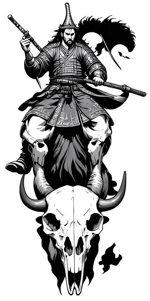 Japanese Samurai Riding On A Bull Skull
