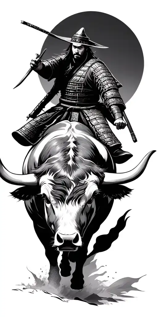 Japanese Samurai Riding Fighting A Bull