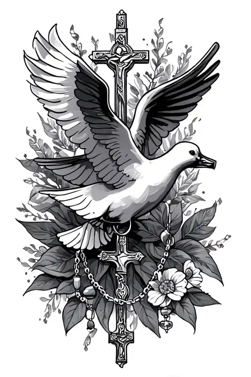 Catholic Sleeve Tattoo Featuring Rosary And Dove