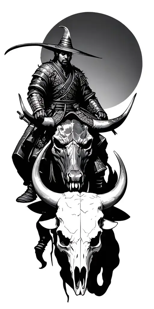 Japanese Samurai Riding Fighting A Demon Bull Skull