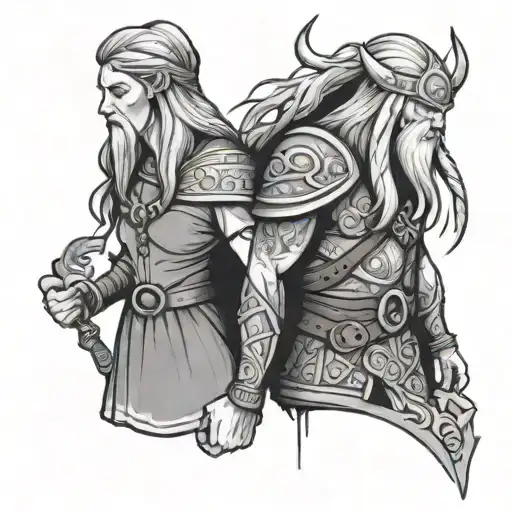 Simple Viking Man Witch Woman Couple Holding Hands
