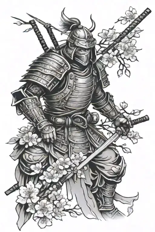 Armored Ronin And Scattered Cherry Blossom Branches