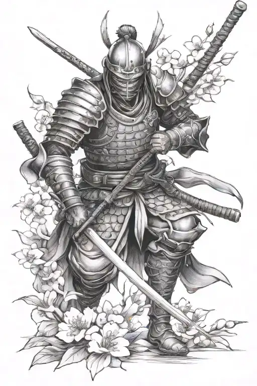 Armored Ronin And Scattered Cherry Blossom Branches