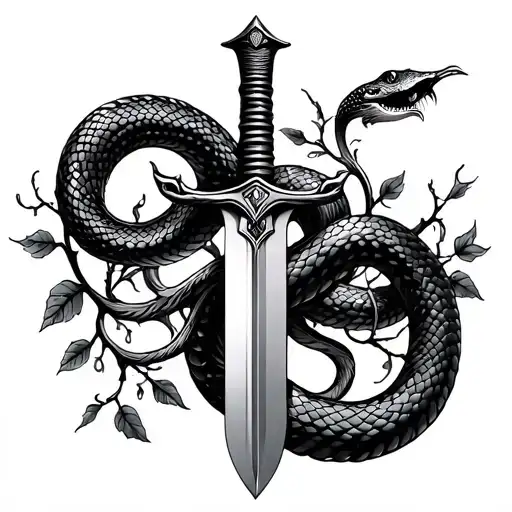 Snake On A Sword With Vines And Leaves Around It