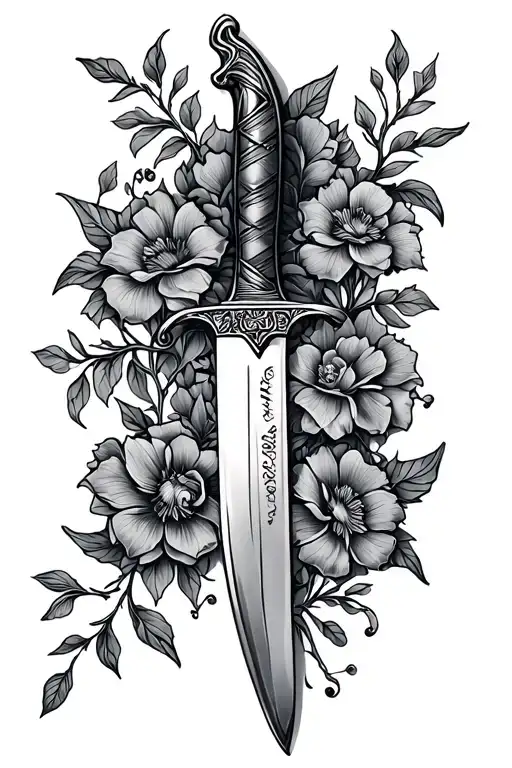 Knife Intertwined With Vines And A Floral